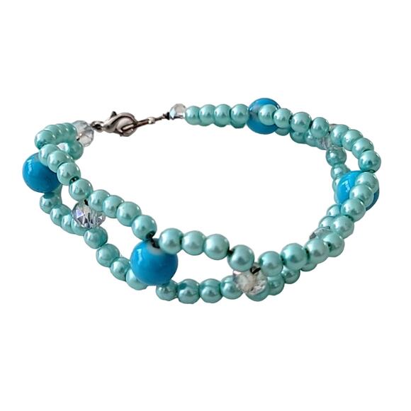 Beautiful Handmade Beaded Bracelet Teal & Turquoise with Multicolor Beads 7" - Picture 1 of 6